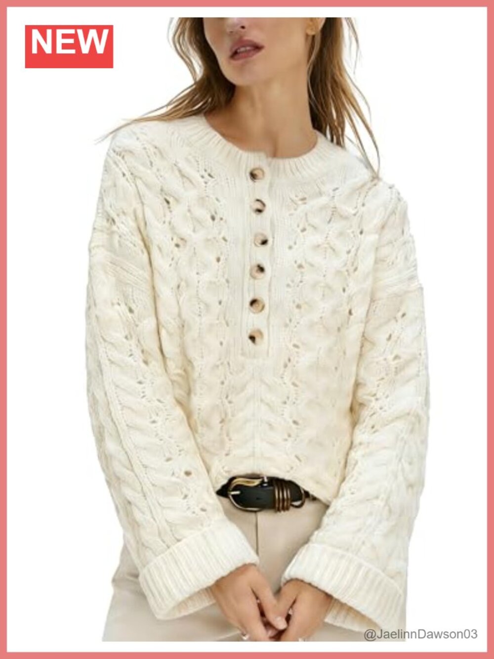 Cable Knit Henley Sweater Long Sleeve Relaxed Fit Pullover